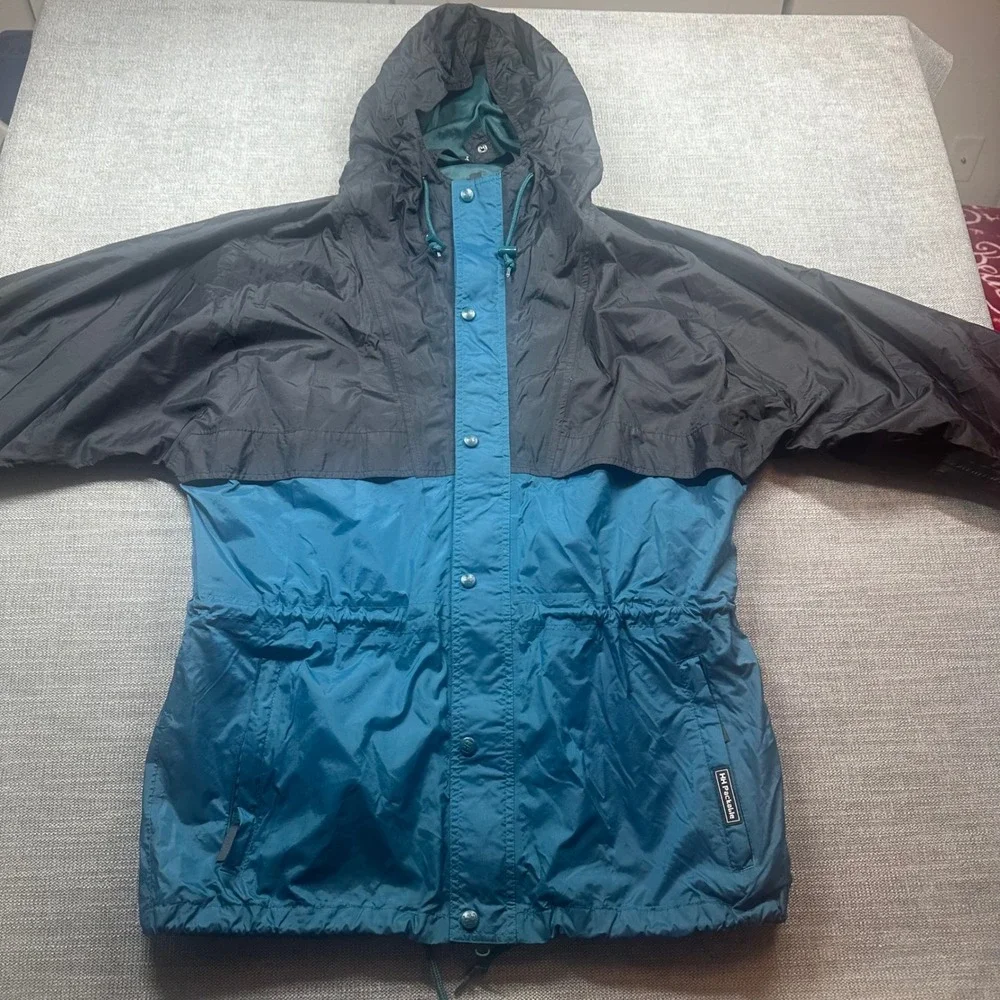 Helly Hansen Rain Jacket Mens M Teal Black Good Packable Hooded Windbreaker